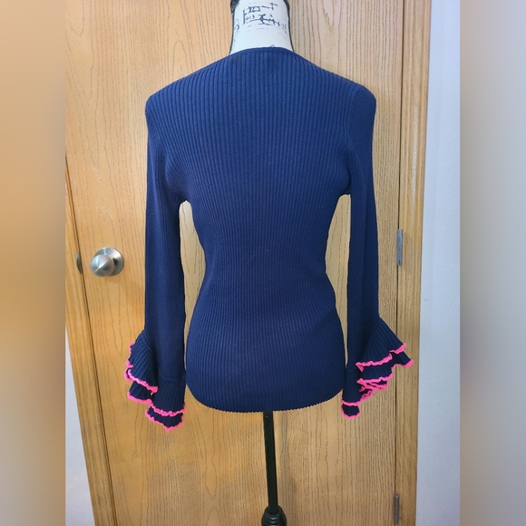 Milly Ruffle Sleeve Frilly Preppy V-neck Navy Sweater - Picture 3 of 4